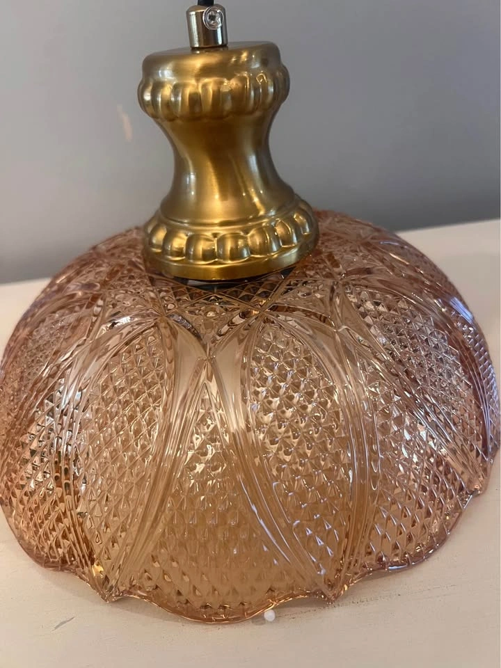 Vintage Antique Brass Pendant Light - Amber Textured Glass - photo 4