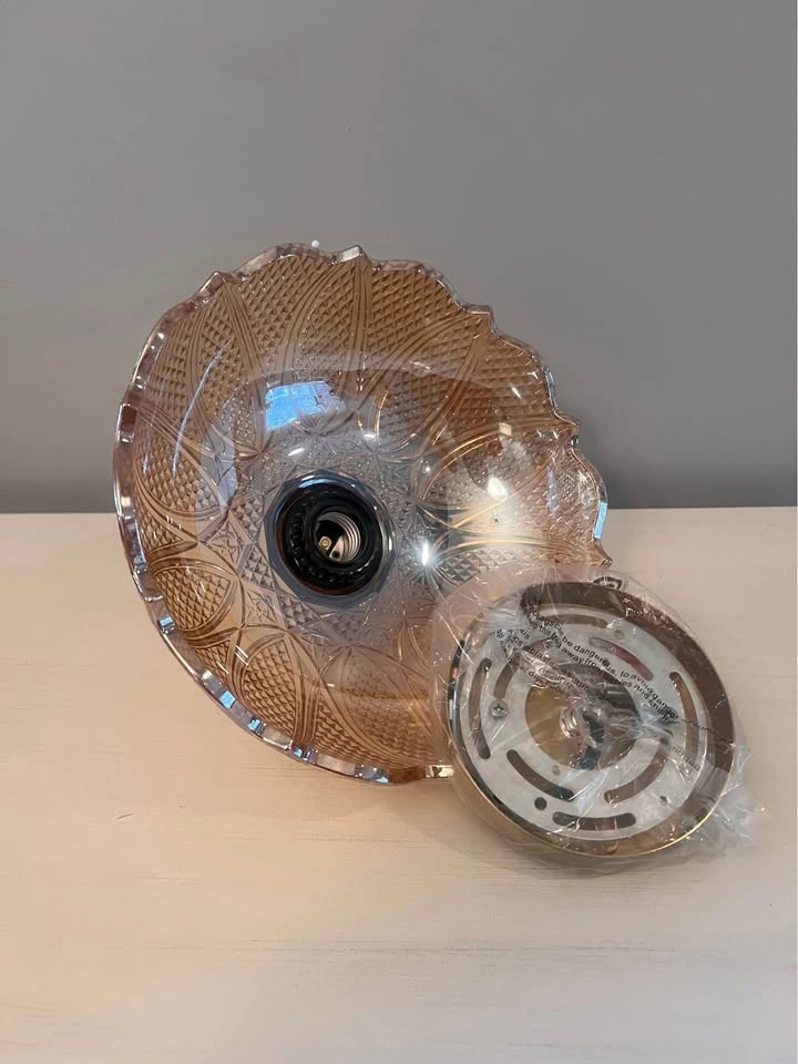 Vintage Antique Brass Pendant Light - Amber Textured Glass - photo 5