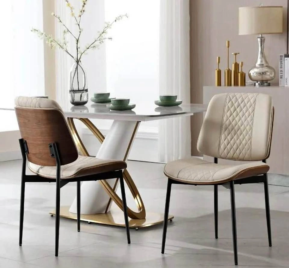 Set of 2 Modern Cream Faux Leather and Walnut Dining Chairs
