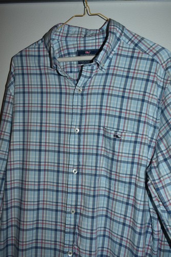 Vineyard Vines Men Whitr Blue Plaid Long Sleeve Shirt SZ L