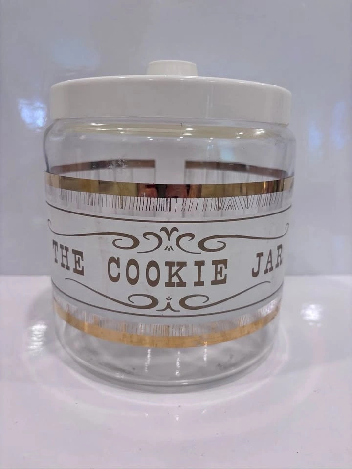 Vintage Pyrex glass cookie jar white plastic lid with gold wood