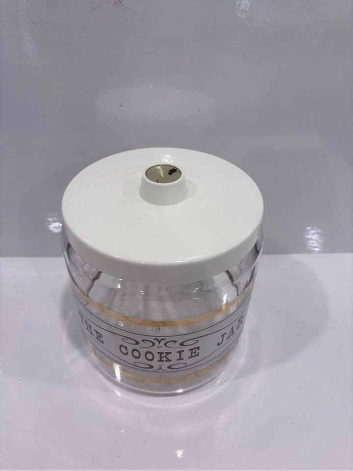 Vintage Pyrex glass cookie jar white plastic lid with gold wood - photo 2