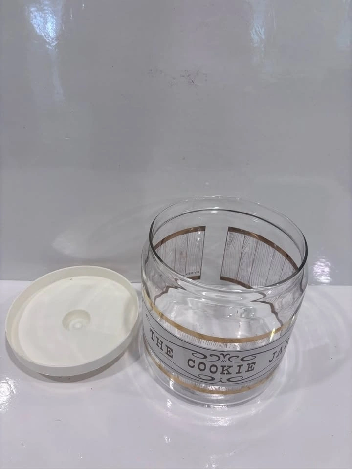 Vintage Pyrex glass cookie jar white plastic lid with gold wood - photo 3