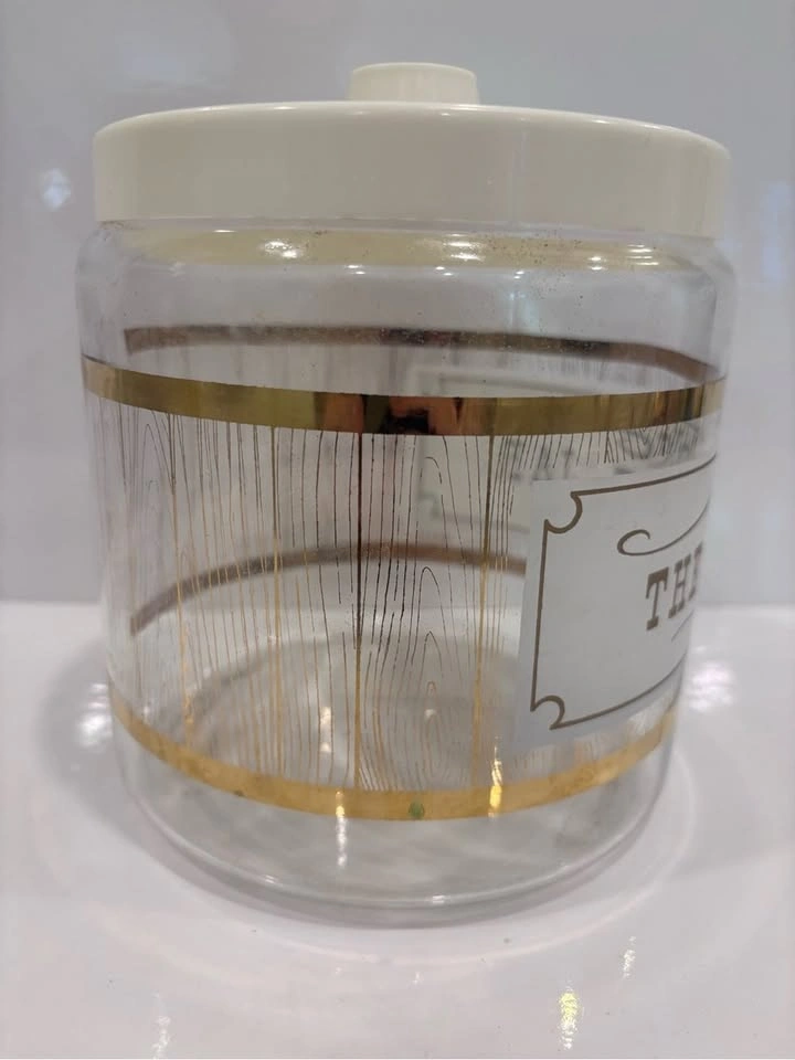 Vintage Pyrex glass cookie jar white plastic lid with gold wood - photo 4