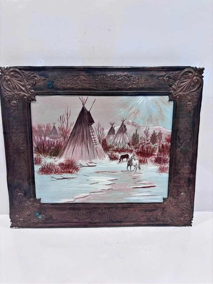 Original 1985 Kay Kennedy Oil Painting Teepee Winter Scene