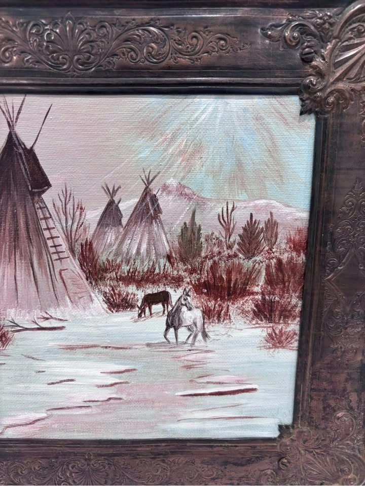 Original 1985 Kay Kennedy Oil Painting Teepee Winter Scene - photo 2