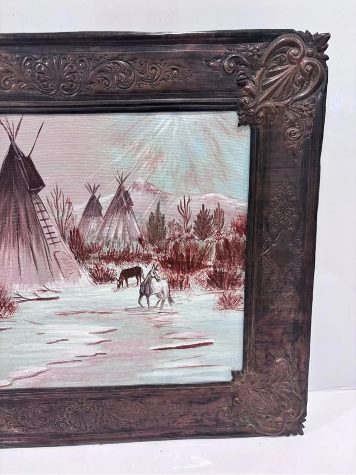 Original 1985 Kay Kennedy Oil Painting Teepee Winter Scene - photo 4