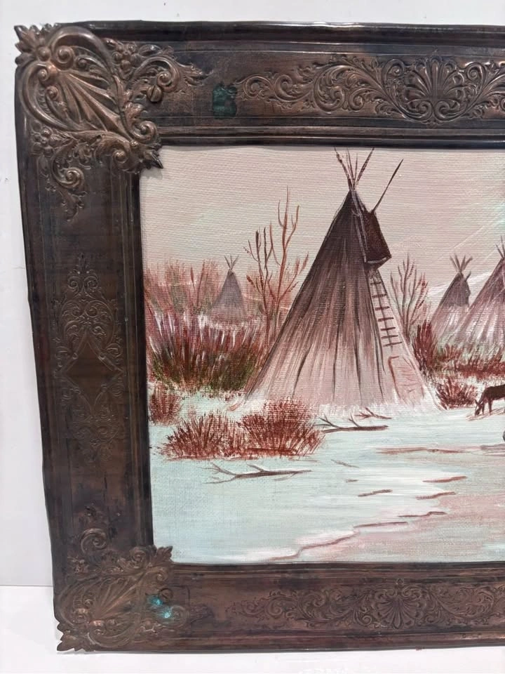 Original 1985 Kay Kennedy Oil Painting Teepee Winter Scene - photo 5