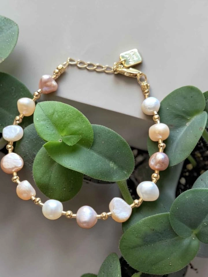 Dainty Freshwater Pearl Bracelet – Gold Beads – Adjustable 8" - photo 3