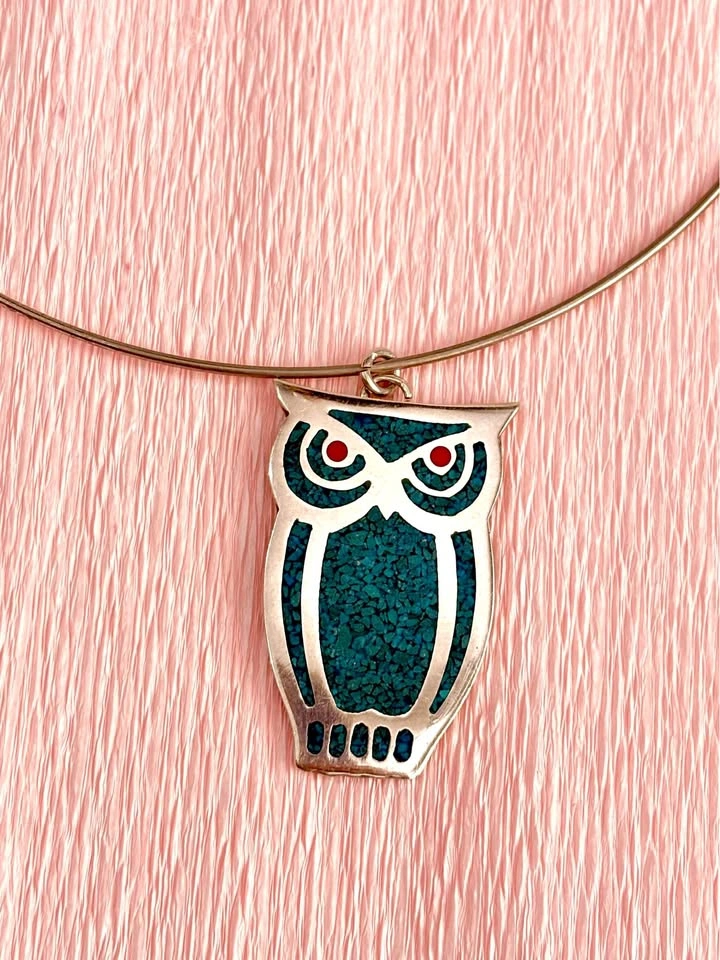 Vintage Mexican Sterling Silver Turquoise Inlay Owl Pendant