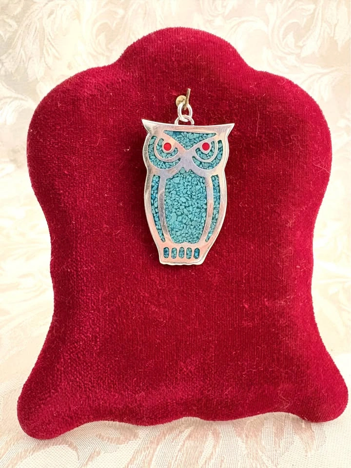Vintage Mexican Sterling Silver Turquoise Inlay Owl Pendant - photo 3