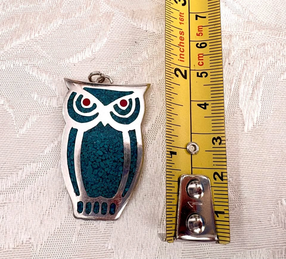 Vintage Mexican Sterling Silver Turquoise Inlay Owl Pendant - photo 4