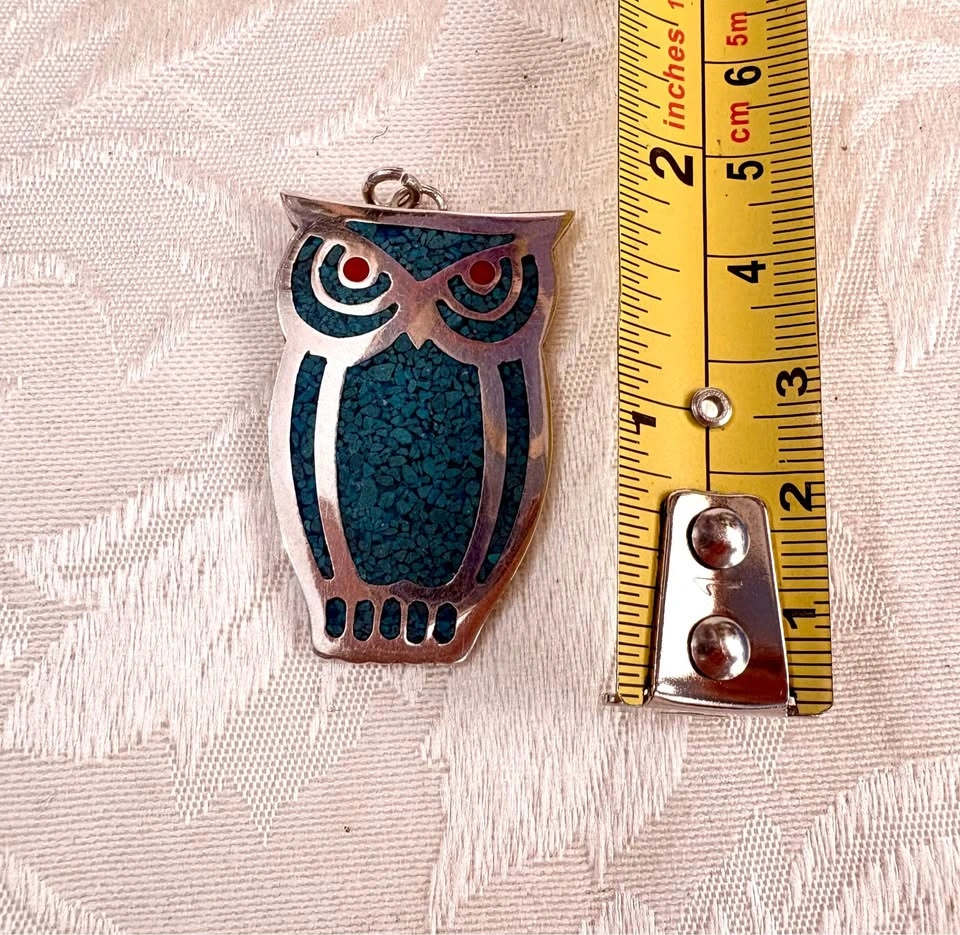 Vintage Mexican Sterling Silver Turquoise Inlay Owl Pendant - photo 5