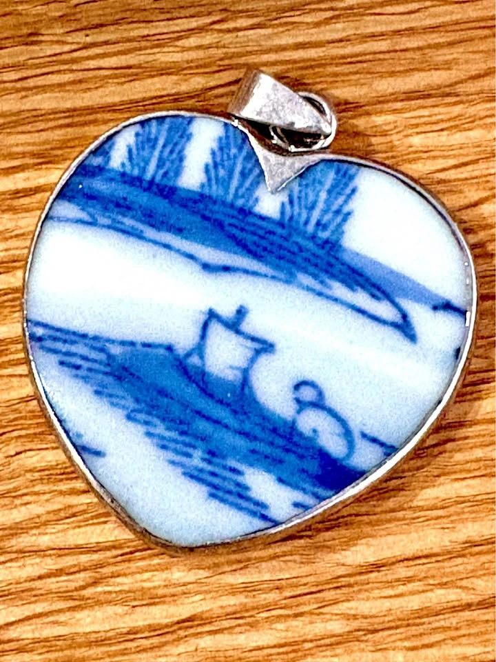 Sterling Silver Blue and White Porcelain Heart Pendant