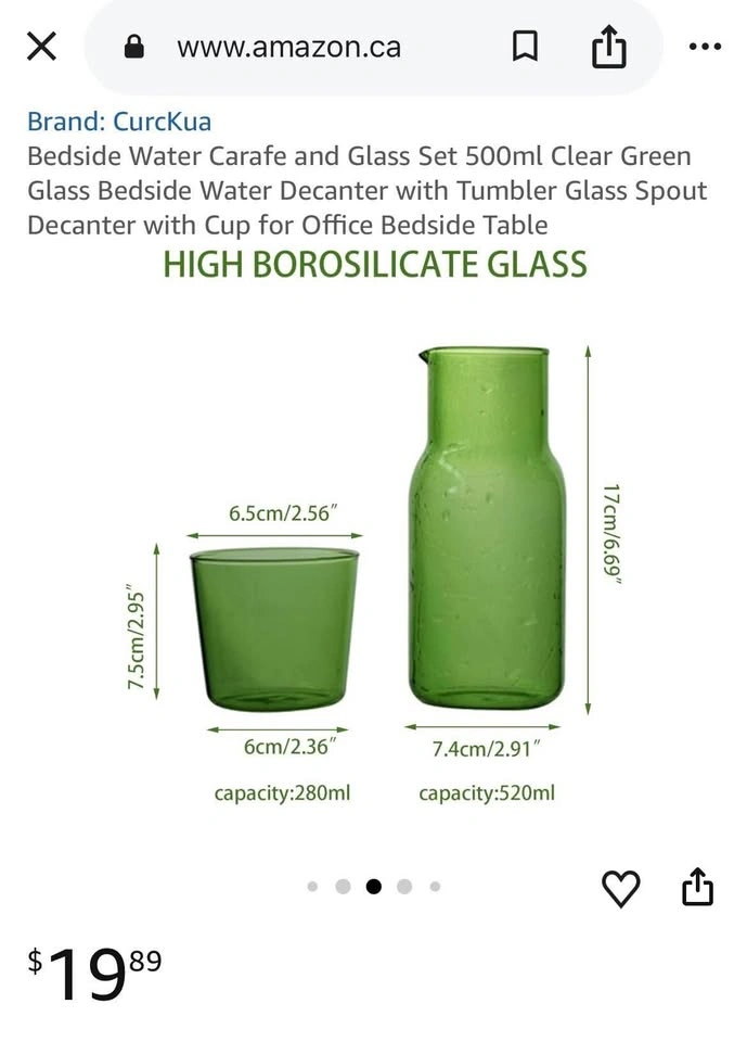 Bedside Water Carafe and Glass Set 500ml Clear Green Glass - photo 5