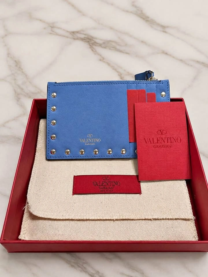 Valentino Garavani Rockstud Zip Card Holder Blue Calf Leather