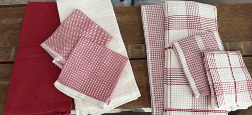 Lot of 8 Waffle Weave Cotton Blend Red & White Dish Towels