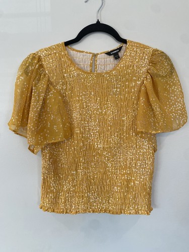 NWT Women’s Medium Express Yellow Ruffled Smocked Puff Sleeve Bl - photo 2