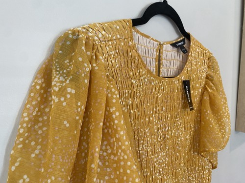 NWT Women’s Medium Express Yellow Ruffled Smocked Puff Sleeve Bl - photo 5