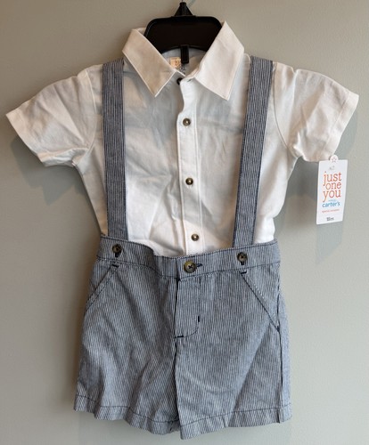 NWT Carter's Boys Blue White Striped Suspender Shorts Set 18M