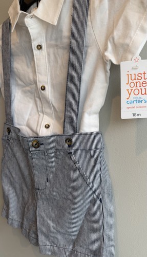 NWT Carter's Boys Blue White Striped Suspender Shorts Set 18M - photo 4
