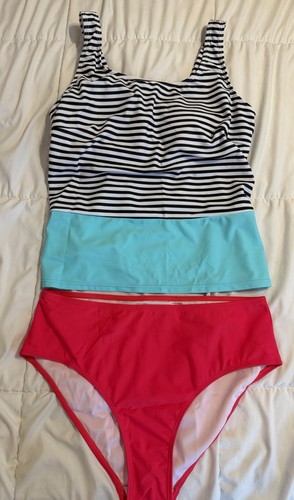 NEW MODLILY Coral Mid Waisted Two-piece Striped Tankini Set L - photo 3