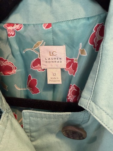 Womens Teal Lauren Conrad Trench Coat Size 12 Floral Lining - photo 2
