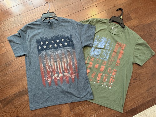 Lot of 2 Mens M Tee Shirts Patriotic Blue & Army Green
