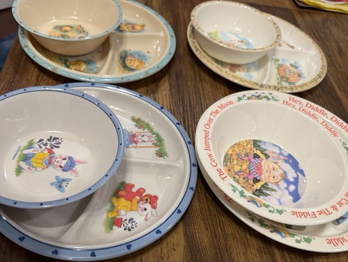 Vintage Lot of 8 Children's Plates & Bowl Sets Nursery Rhyme