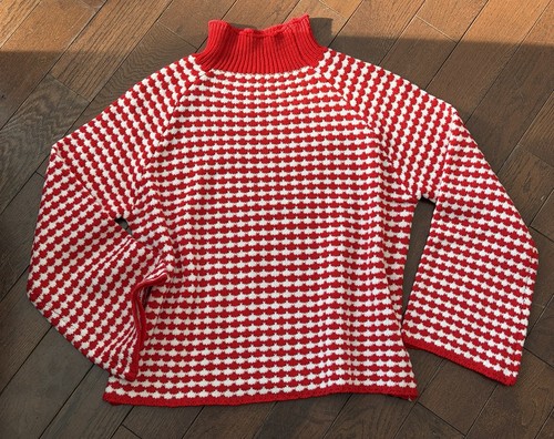 Women’s Size Medium, Red and White Checkered Mock Neck Sweater - photo 3