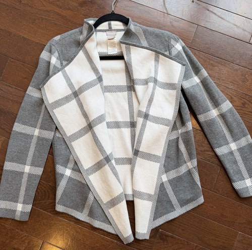 Chico's Size 1 (XL) Gray White Plaid Open Front Cardigan