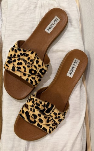 STEVE MADDEN Women's Hazel Leopard Print Calf Hair Slide Sandals