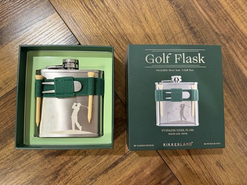 NEW Kikkerland Golf Stainless Steel Flask w/ Green Holder & 2 Te