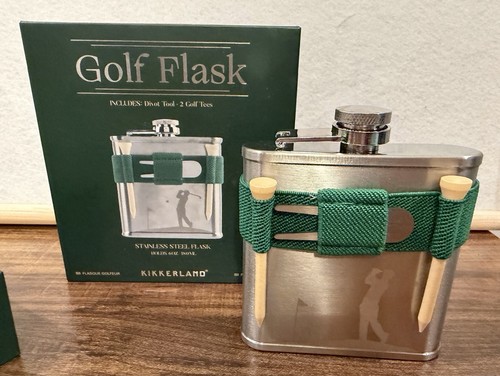 NEW Kikkerland Golf Stainless Steel Flask w/ Green Holder & 2 Te - photo 2