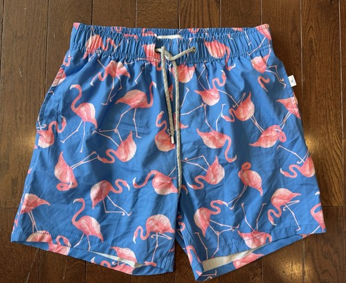 Vintage Summer Swim Trunks Men's Medium Blue & Pink Flamingo