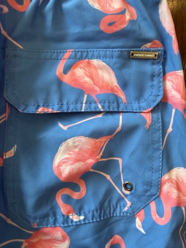 Vintage Summer Swim Trunks Men's Medium Blue & Pink Flamingo - photo 5
