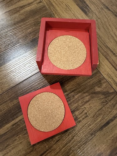 Vintage Red Wooden Cork Farmhouse Kitchen Coaster Set (7 Pc)