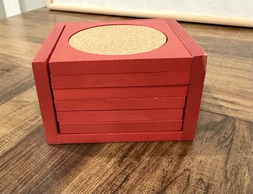 Vintage Red Wooden Cork Farmhouse Kitchen Coaster Set (7 Pc) - photo 3