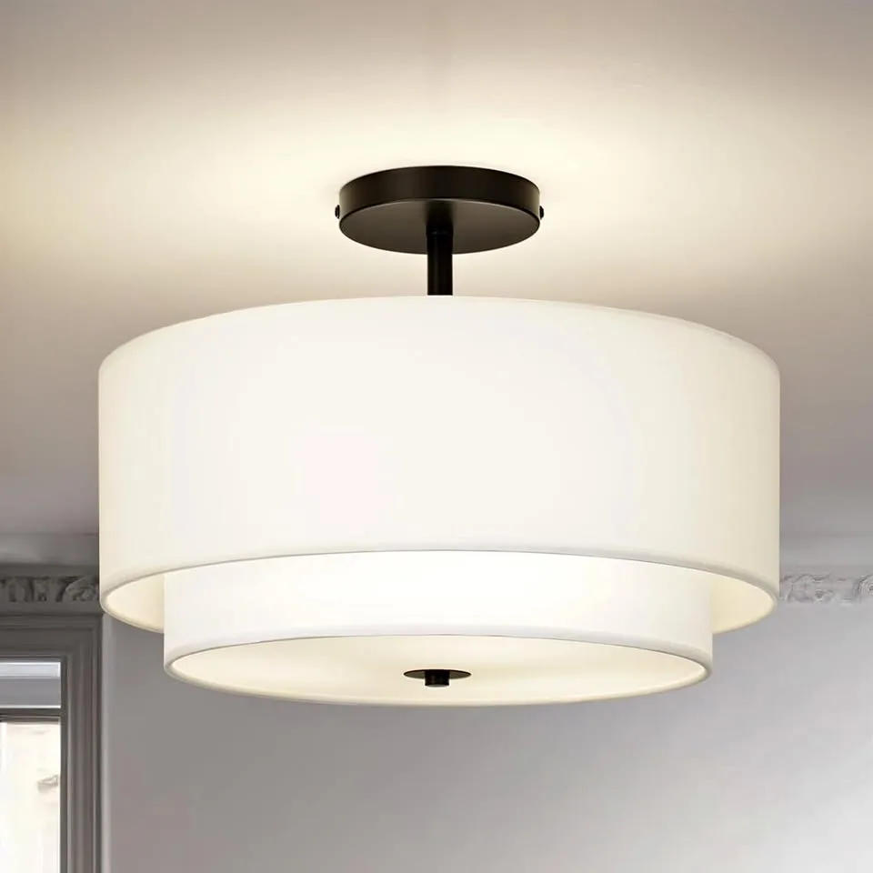 16" Dual Drum 3-Light Ceiling Light, White Linen Shade thumbnail