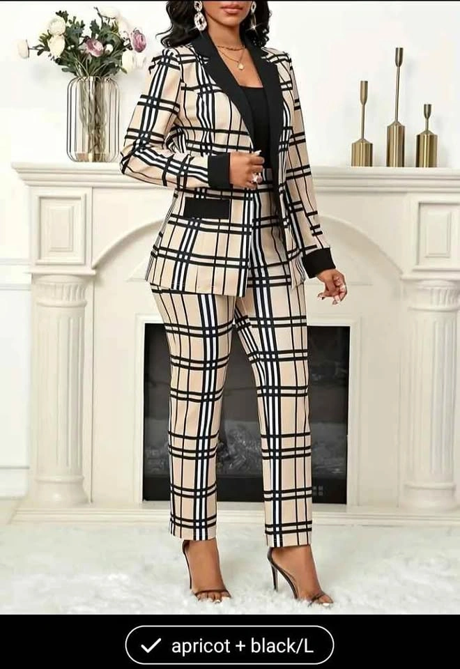 Apricot and Black Plaid Two-Piece Suit Set