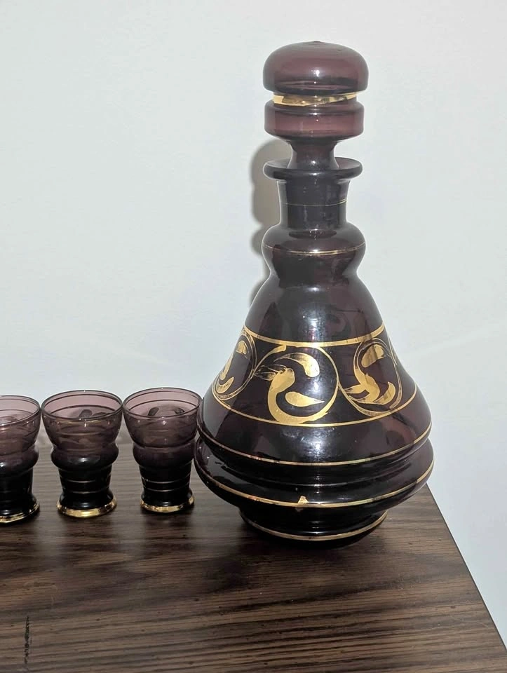 Vintage Amethyst Decanter Set with 5 Shot Glasses Gold Trim