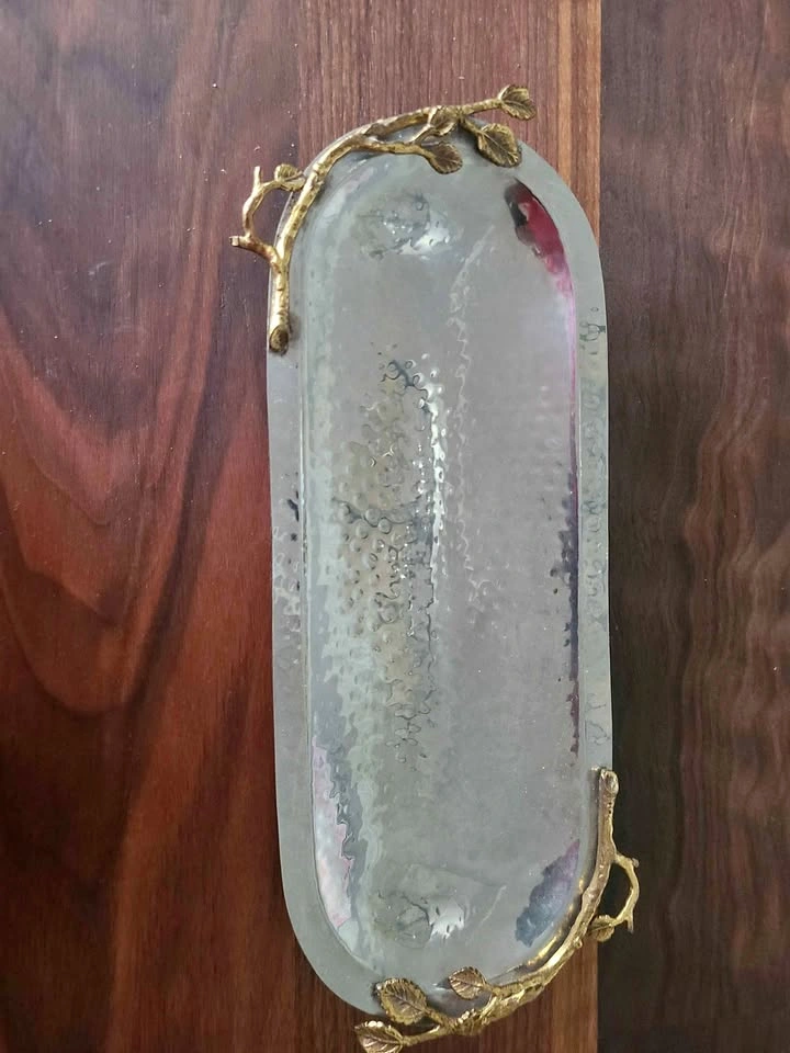 Michael Aram Style Hammered Metal Tray with Gold Branch Handles