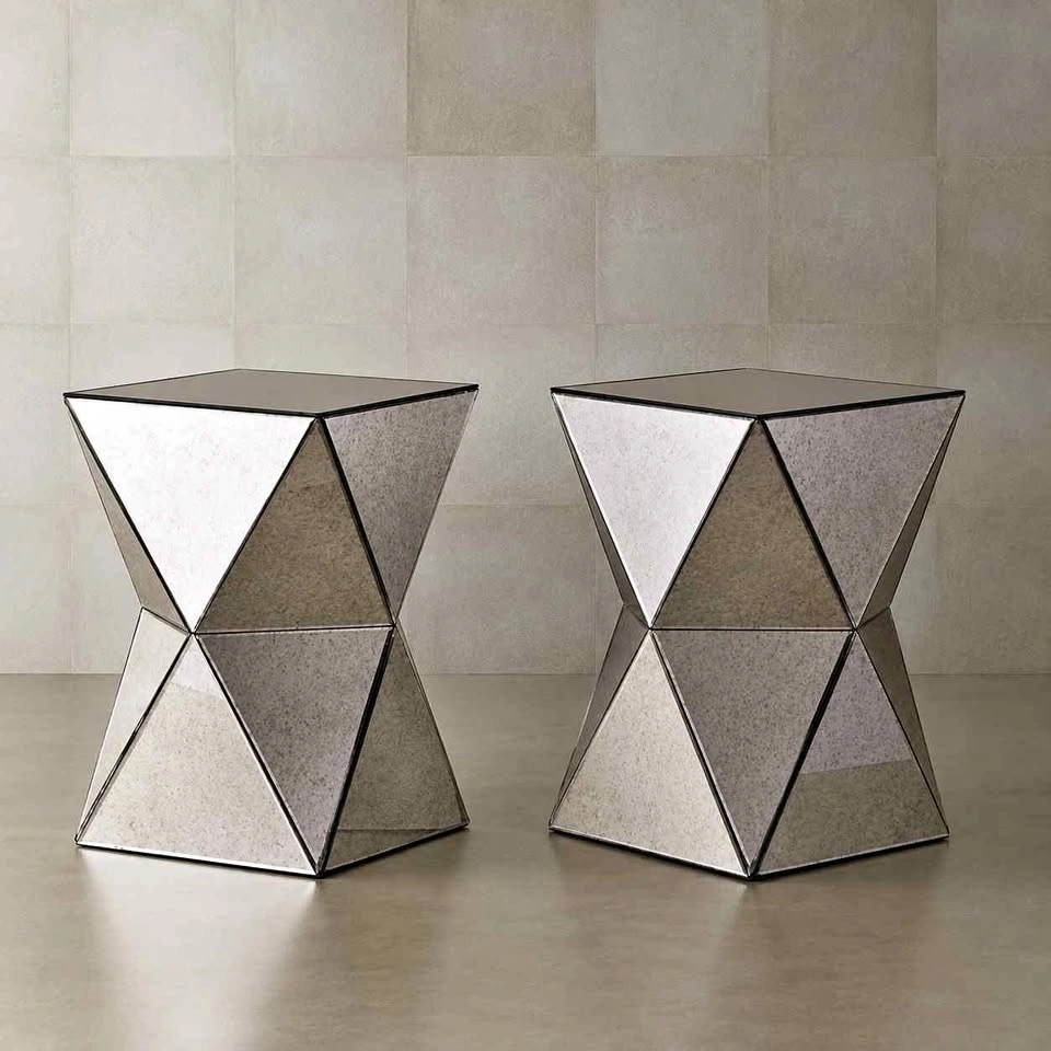 Two West Elm Multi-Faceted Prism Mirrored Side Tables