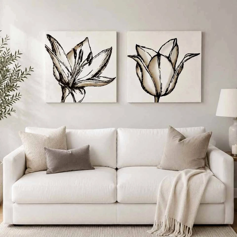 Large Sketched Tulip & Lily Canvas Wall Art Set 24" x 24"