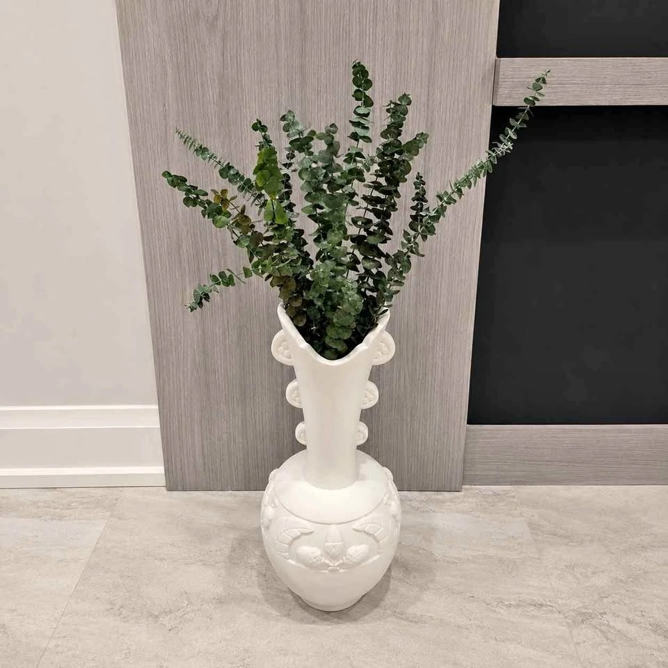 White Neoclassical Bisque Relief Vase 20" with Eucalyptus