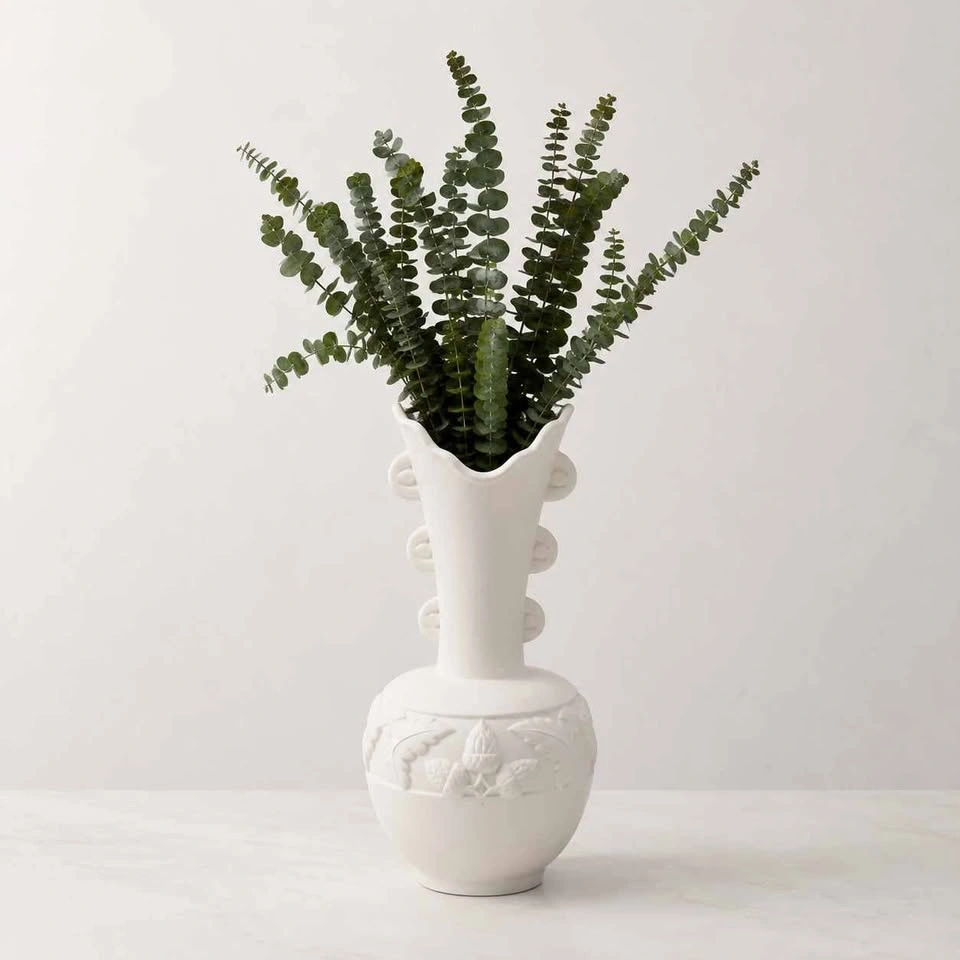 White Neoclassical Bisque Relief Vase 20" with Eucalyptus - photo 2