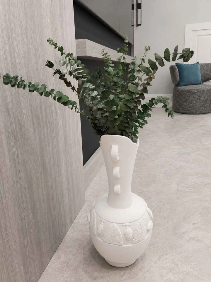 White Neoclassical Bisque Relief Vase 20" with Eucalyptus - photo 5