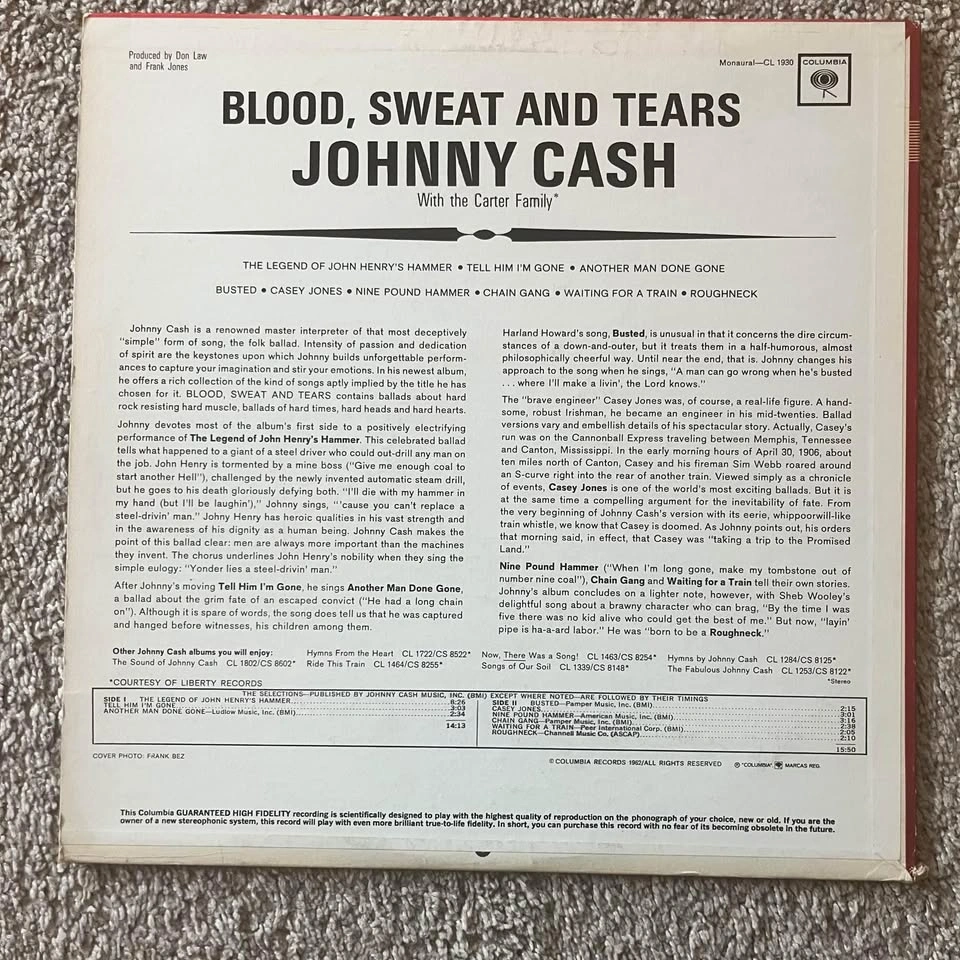 Johnny Cash Blood, Sweat and Tears Vinyl Record - photo 2