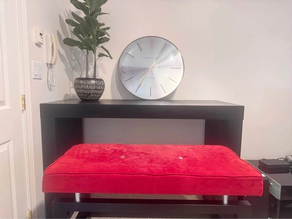 Urban Barn Pub Table & Bench Set – Modern Black with Red Upholst