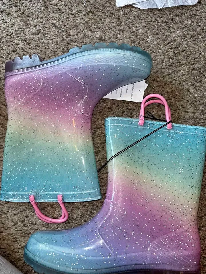 Size 3 Rainbow Glitter Rain Boots – Brand New thumbnail